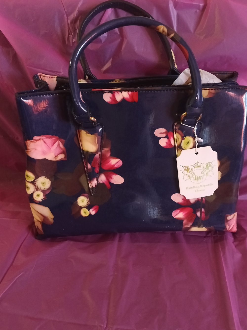 Floral Patent Tote Bag in Navy Blue